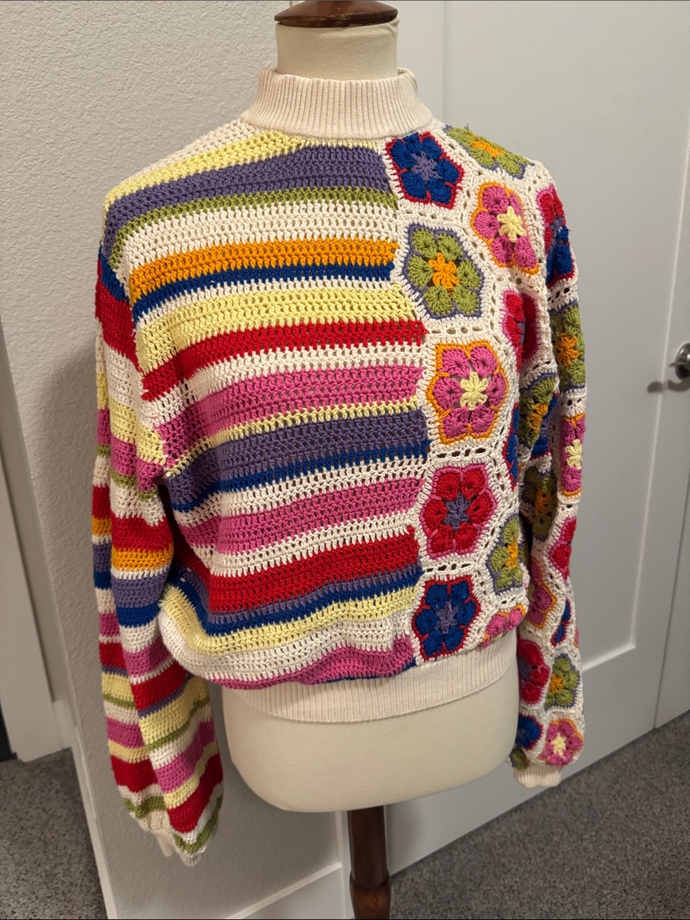 Farm Rio Colorful Crochet Patchwork Sweater Mock Neck Cropped Size M